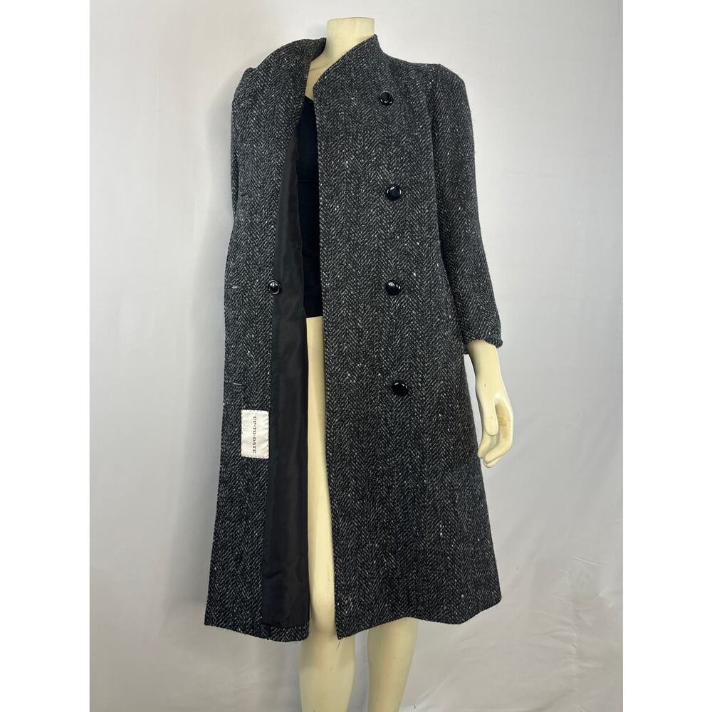 Larry Levine 90s Herringbone Wool Coat Petite Black Cream USA Made Small petite - Picture 10 of 13